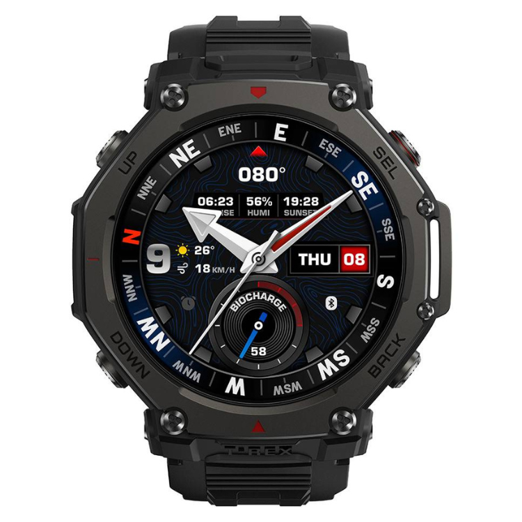 Smartwatch Amazfit T-Rex 3 Pro preto com mostrador escuro e pulseira preta.