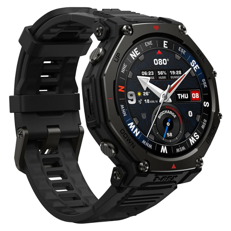 Smartwatch Amazfit T-Rex 3 Pro preto, pulseira preta, mostrador preto com detalhes em vermelho e branco.