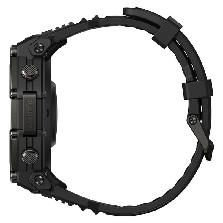 Smartwatch Amazfit T-Rex 3 Pro preto, pulseira e caixa robustas com detalhes em metal, virado para o lado esquerdo.