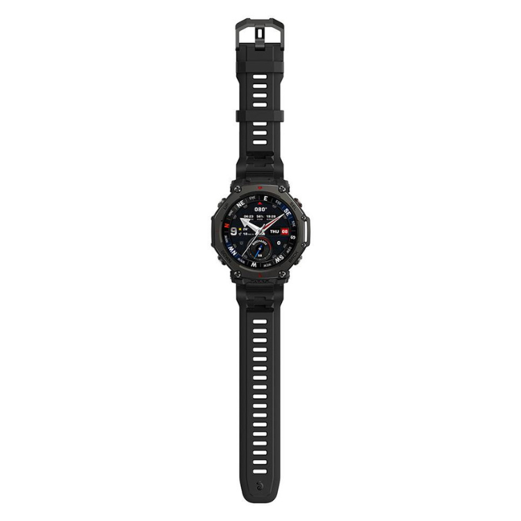 Smartwatch Amazfit T-Rex 3 Pro preto com pulseira preta e mostrador preto com ponteiros brancos.