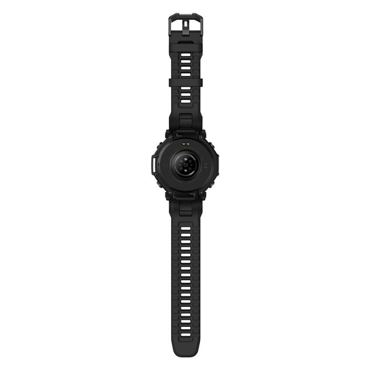Smartwatch Amazfit T-Rex 3 Pro preto com pulseira de borracha preta e mostrador redondo.