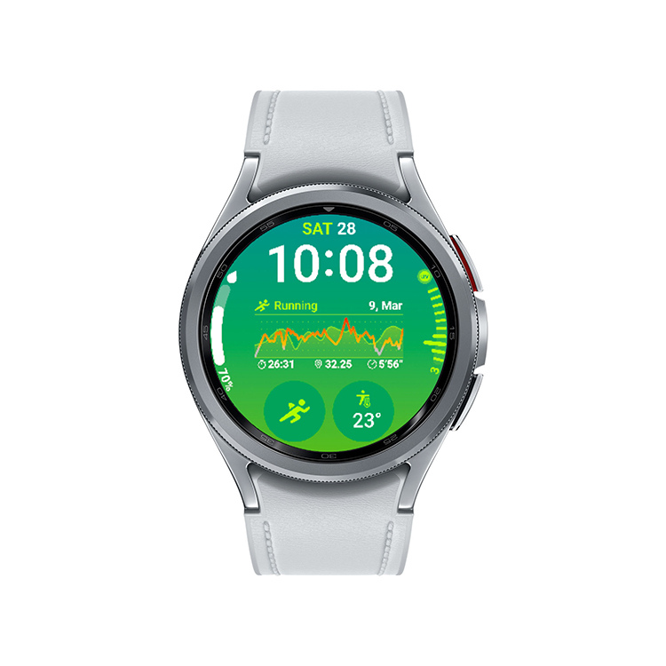 Smartwatch Samsung Galaxy Watch6 Classic prata 43mm com ecrã verde e pulseira de couro branco.