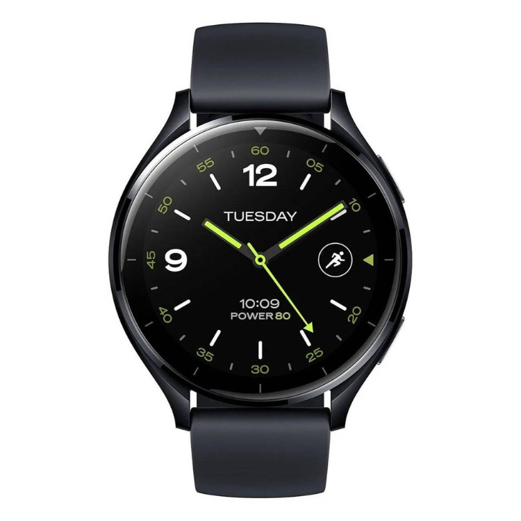 Smartwatch Xiaomi Watch 2 preto com pulseira preta e mostrador preto com marcações verdes e ponteiros verdes.