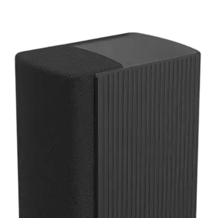 Black Hisense soundbar with ribbed and mesh texture, angled view.