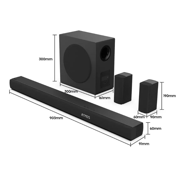 Hisense AX5100Q 5.1 soundbar system, black, with dimensions, Dolby Atmos, 580W.