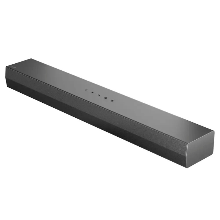 Black LG soundbar, 2.0 channels, 50W, sleek and rectangular with buttons on top.