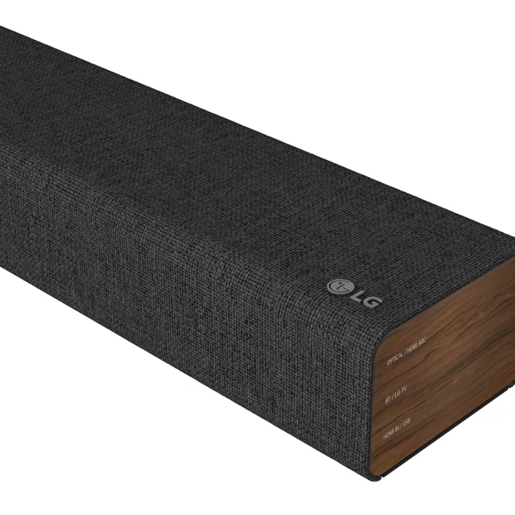 LG SP2 100W soundbar, black fabric wrapped with wood grain end panel and LG logo.