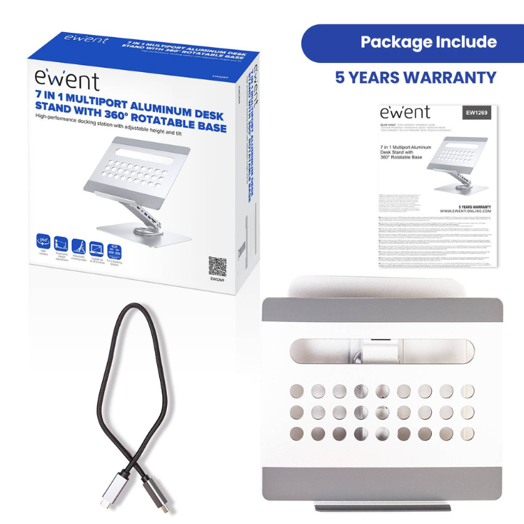 Ewent 7-in-1 aluminium laptop stand with 360° rotatable base, silver.