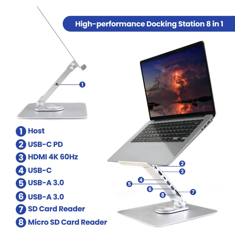 Ewent aluminium laptop stand with 8-in-1 docking station, 360° rotation, silver.
