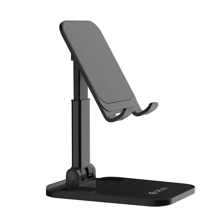 Suporte de secretária para smartphone Devia preto, ajustável, com base larga e logotipo Devia.
