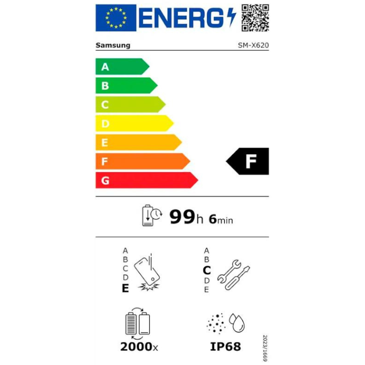 Etiqueta energética do tablet Samsung, classificação F, 99 horas e 6 minutos de bateria, resistência IP68.