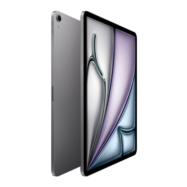 Tablet Apple iPad Air 2025 cinzento espacial, 13 polegadas, ligado e desligado.