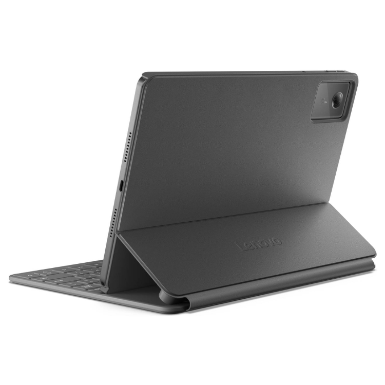 Tablet Lenovo Idea Tab cinzento com teclado e suporte.