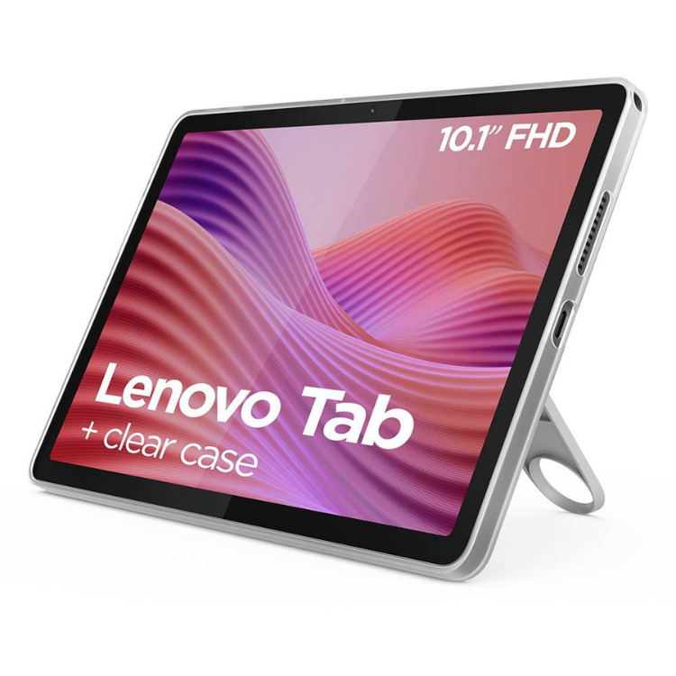 Tablet Lenovo Tab 10.1" FHD cinzento com capa transparente.