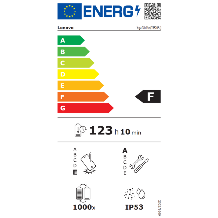 Etiqueta energética do tablet Lenovo Yoga Tab Plus, classificação F, bateria 123h10min, resistência IP53.