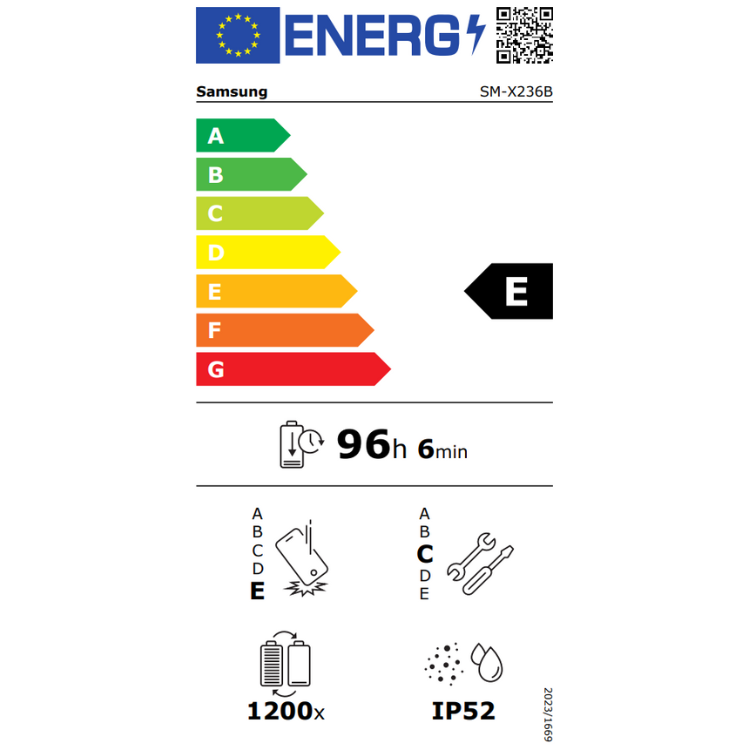 Etiqueta energética do Samsung SM-X236B, classificação E, 96 horas e 6 minutos de autonomia.