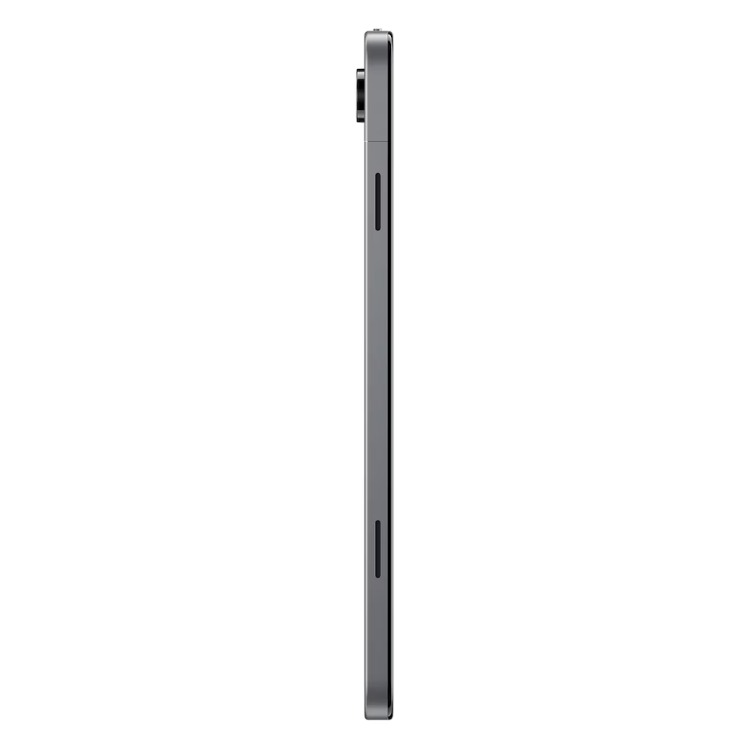 Tablet Samsung Galaxy Tab A11+ 5G cinzento, lado direito com câmaras e entradas.