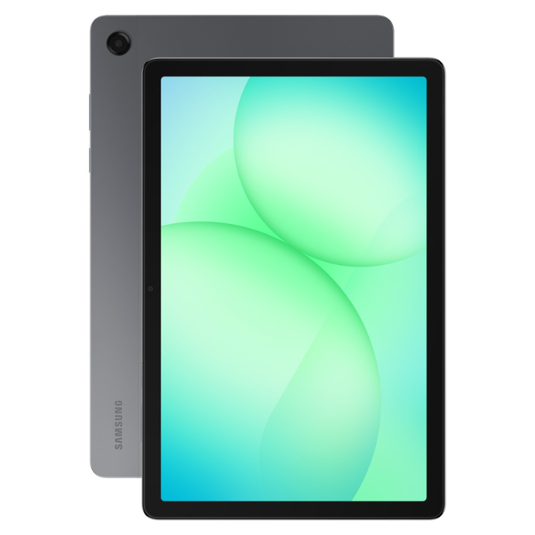 Tablet Samsung Galaxy Tab A11+ cinzento com ecrã verde-azul e 6GB/128GB de memória.