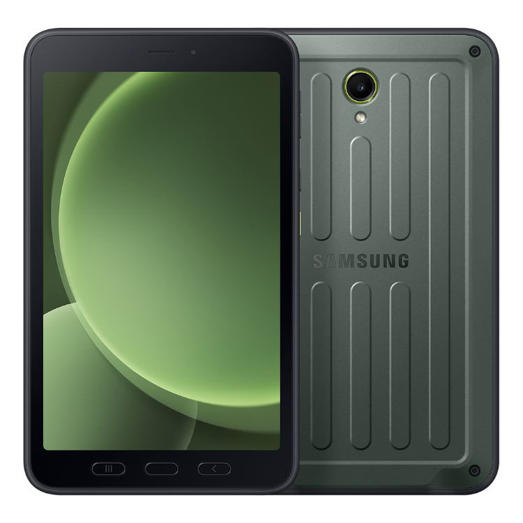 Tablet Samsung Tab Active 5 X306 5G 6GB/128GB verde, ecrã e parte traseira visíveis.