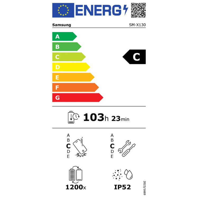 Etiqueta energética do Samsung SM-X130, classificação C, 103h 23min de bateria, resistência IP52.