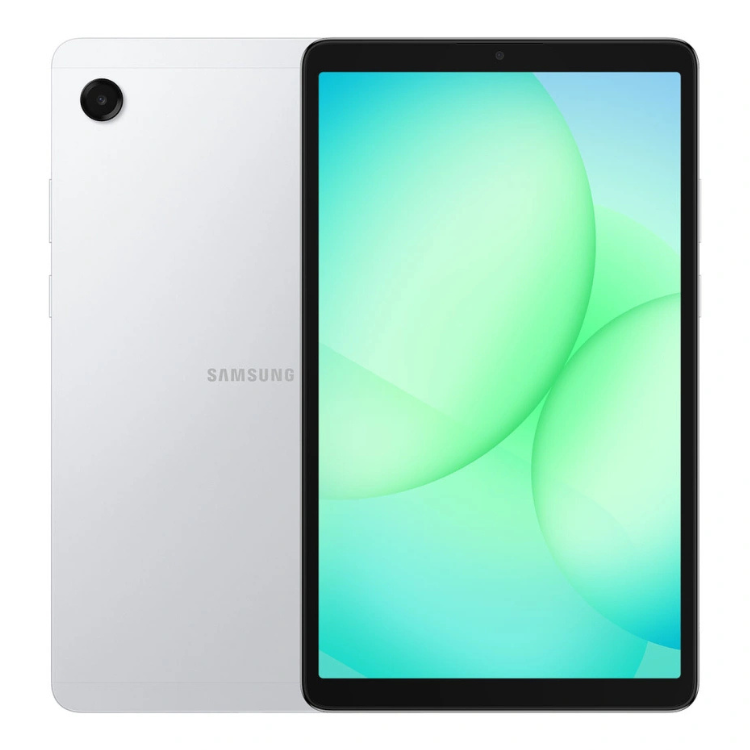 Tablet Samsung Galaxy Tab A11 prata com ecrã a mostrar imagem de bolhas azuis e verdes.