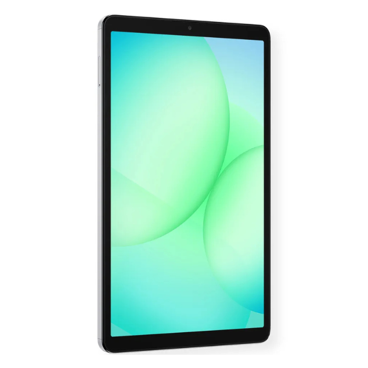 Tablet Samsung Galaxy Tab A11 prata com ecrã a mostrar imagem de fundo verde-azulada.