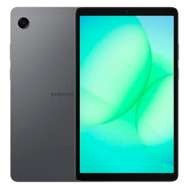 Tablet Samsung Galaxy Tab A11 cinzento com ecrã a mostrar imagem de fundo verde-azulada.