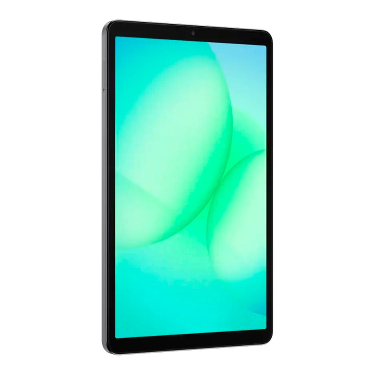 Tablet Samsung Galaxy Tab A11 cinzento com ecrã de tons de verde e azul.