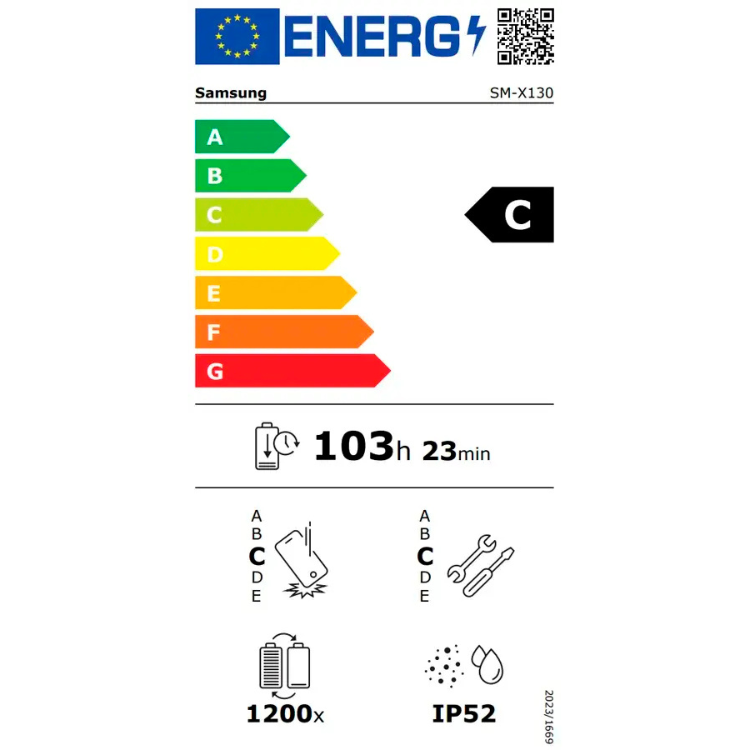 Samsung Galaxy Tab A11, classificação energética C, bateria 103h 23min, resistência IP52.
