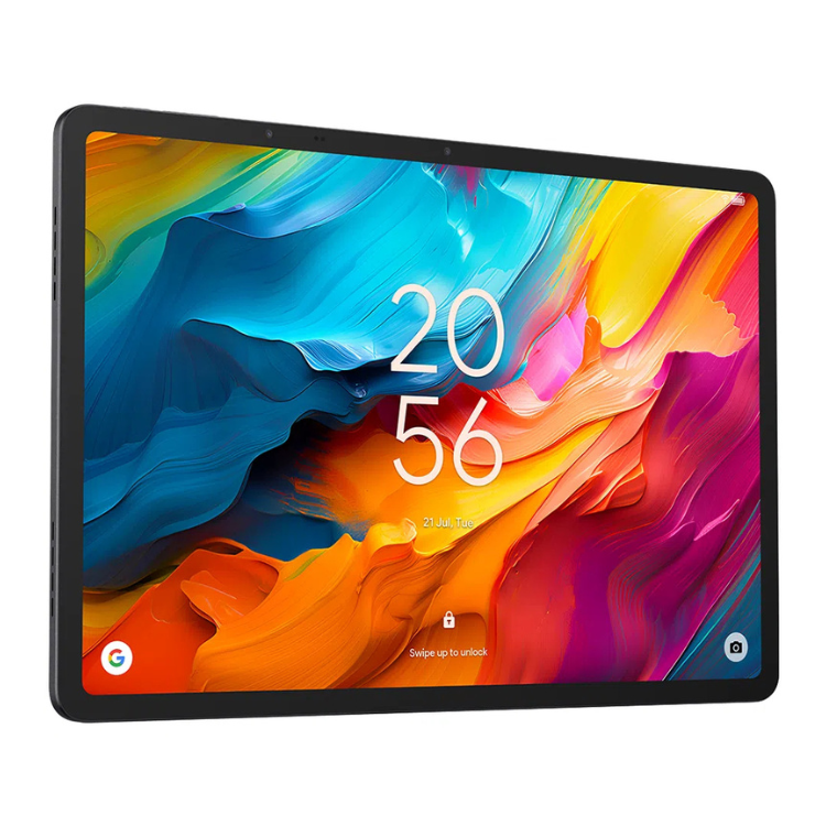 Tablet TCL NXTPAPER 14 cinzento, ecrã colorido com relógio e ícones.