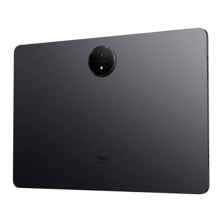 Tablet TCL NXTPAPER 14 cinzento com câmera dupla e logotipo TCL na parte inferior.
