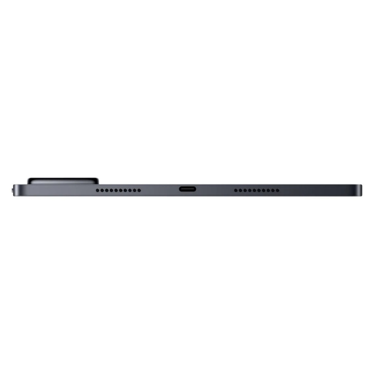 Tablet Xiaomi Pad 8 cinzento, vista lateral, com detalhes de portas e furos para som.