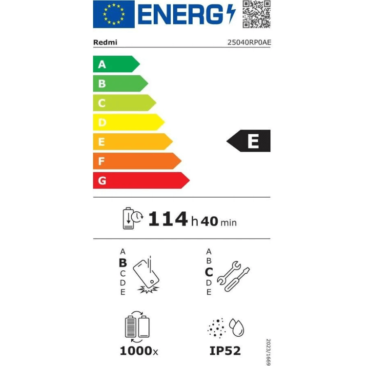 Etiqueta energética do tablet Redmi, classificação E, 114 horas e 40 minutos de bateria, resistência IP52.