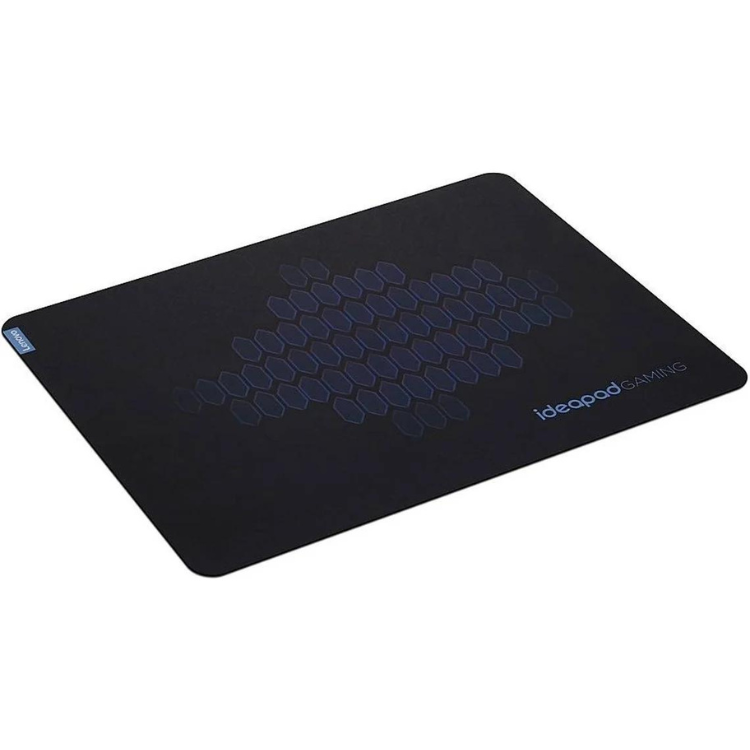 Black gaming mousepad with blue hexagons, Lenovo IdeaPad logo.