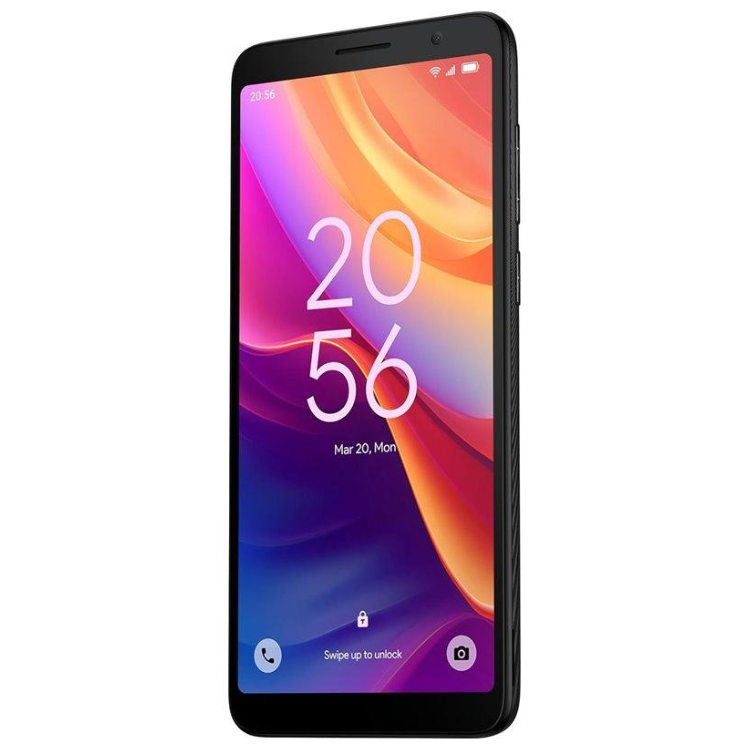 TCL 501 smartphone preto ligado com ecrã de bloqueio colorido a mostrar hora 20:56.