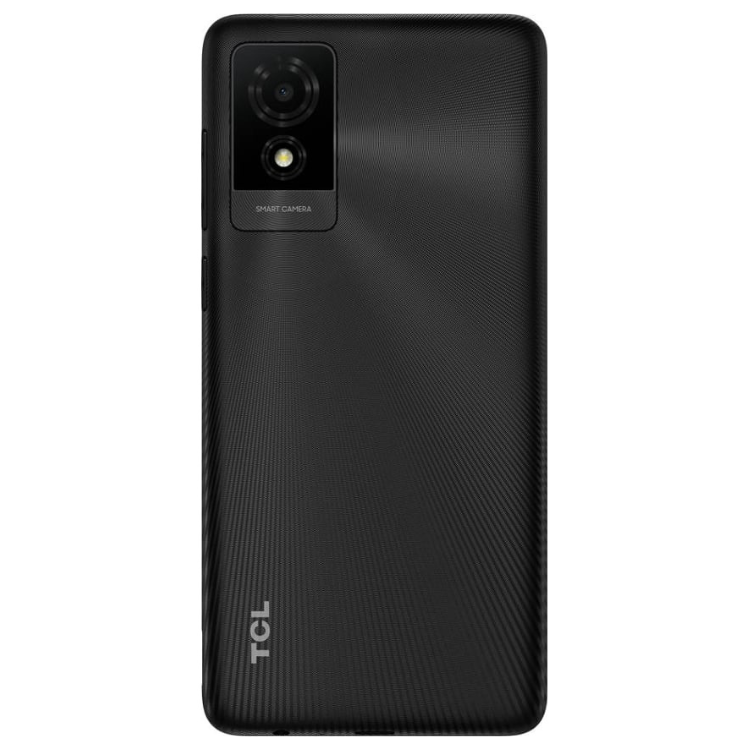 TCL 501 smartphone preto com câmera dupla e marca TCL na parte inferior.