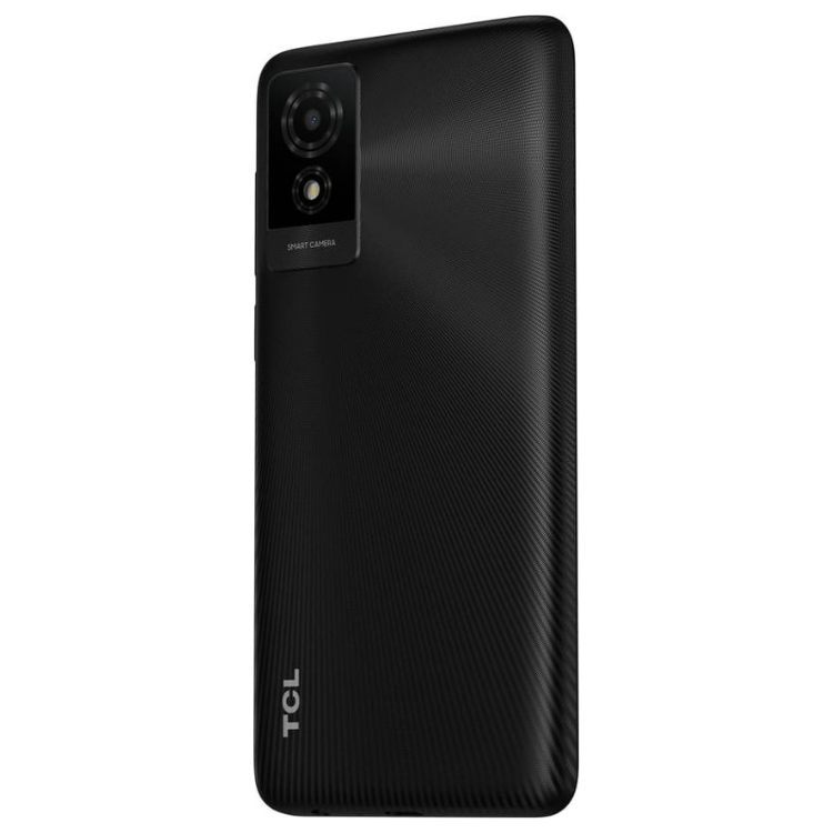 TCL 501 smartphone preto com câmera dupla e logotipo TCL na parte inferior.