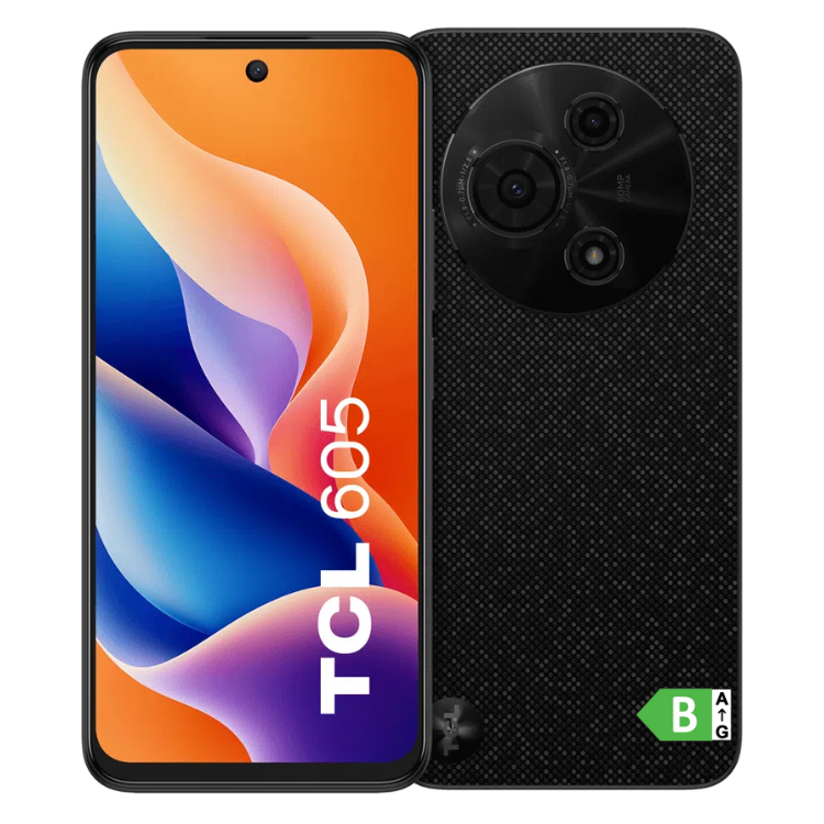 Smartphone TCL 605 preto, com ecrã de 6.7 polegadas e câmara tripla, 8GB/256GB.