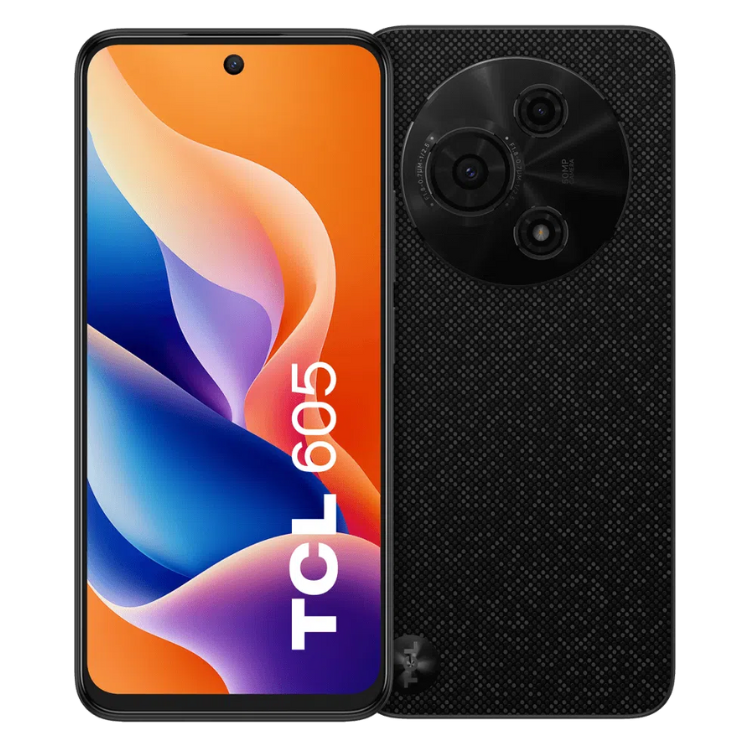 TCL 605 smartphone preto, ecrã ligado com wallpaper colorido e texto TCL 605, câmara tripla na parte de trás.