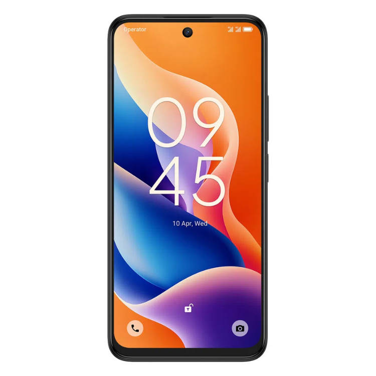 Smartphone TCL 605, ecrã de 6.7 polegadas, 8GB/256GB, cor preta, wallpaper colorido com hora 09:45.