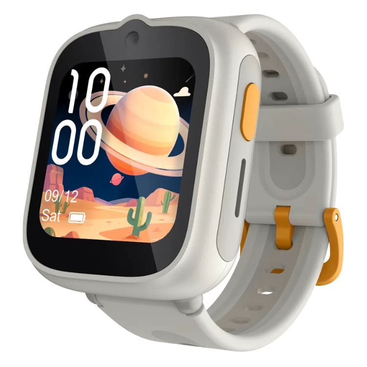 Smartwatch TCL MT48X Kids Creme, relógio inteligente para crianças com pulseira bege e detalhes laranjas.