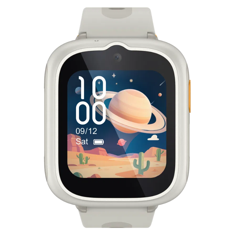 Smartwatch TCL MT48X Kids creme, relógio inteligente para crianças com mostrador de planeta e cactos no ecrã.
