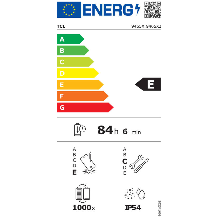 Etiqueta energética do tablet TCL, classificação E, 84h 6min de bateria.