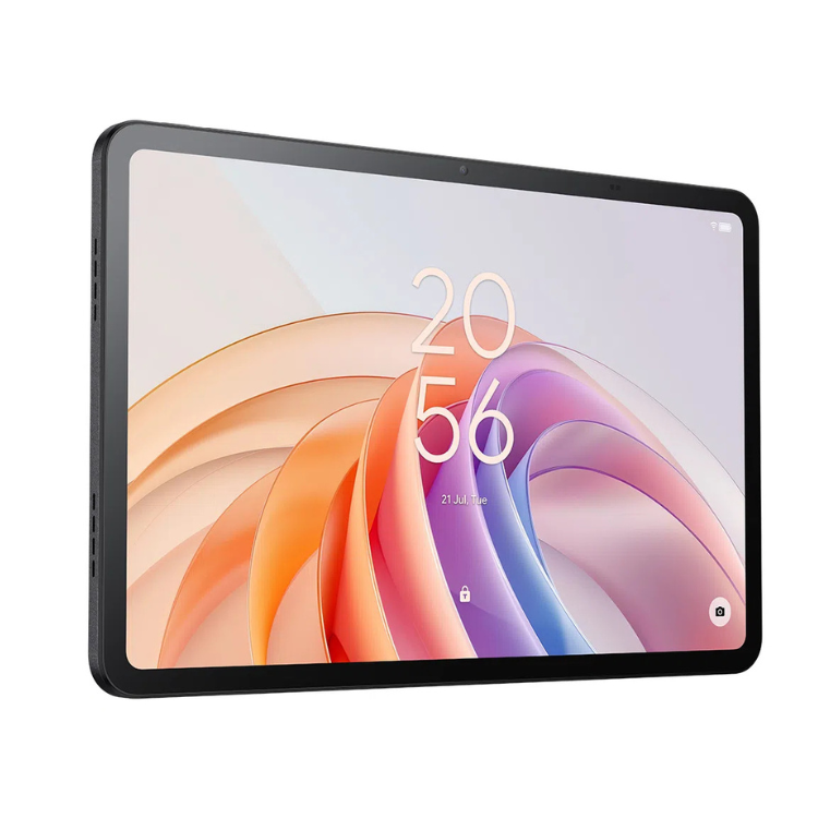 Tablet TCL Tab 11 FE cinzento com ecrã colorido a mostrar o ecrã de bloqueio.