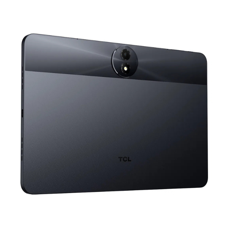 Tablet TCL Tab 11 FE cinzento com câmera dupla na parte superior e logótipo TCL na parte inferior.