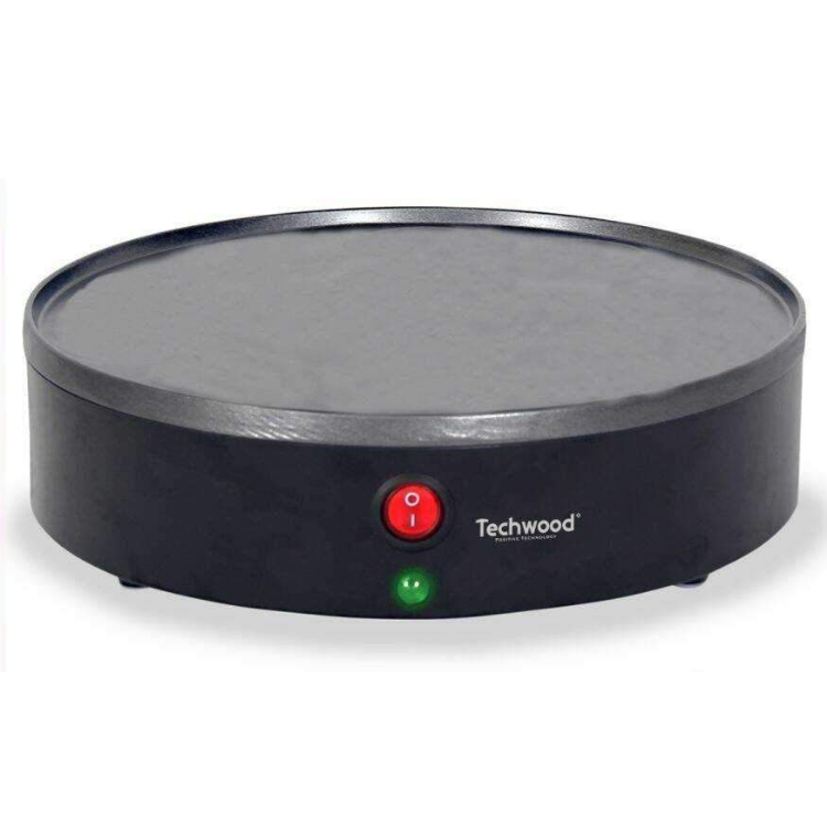 Black Techwood electric crepe maker, 23cm, with red and green buttons.