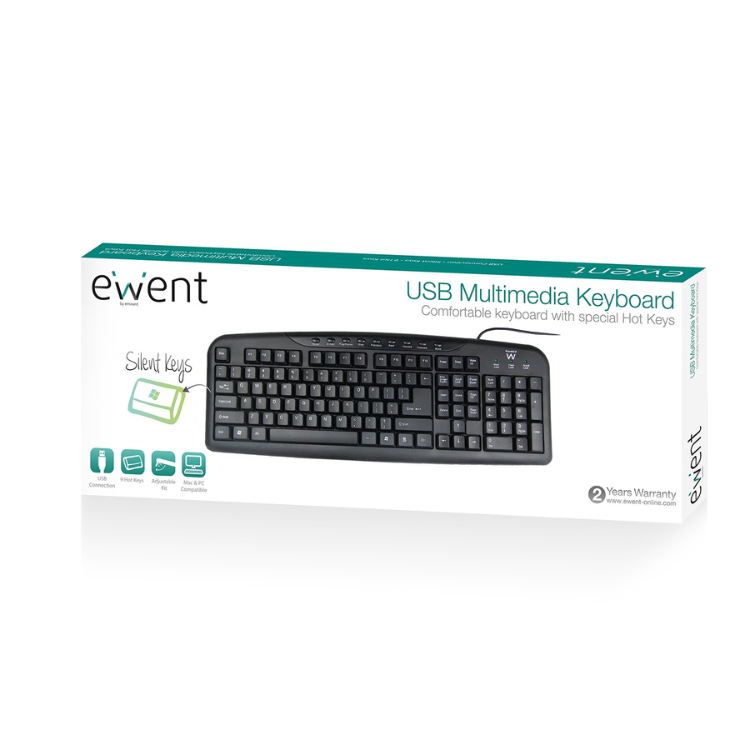 Teclado Ewent Multimédia USB PT Preto