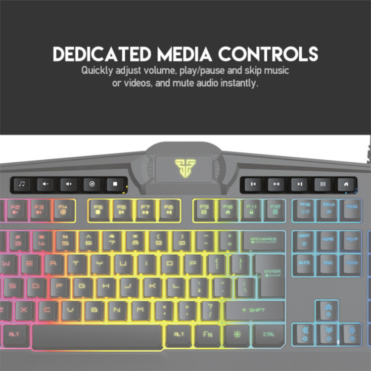 Fantech Booster K513 RGB gaming keyboard with colorful backlighting and media controls.