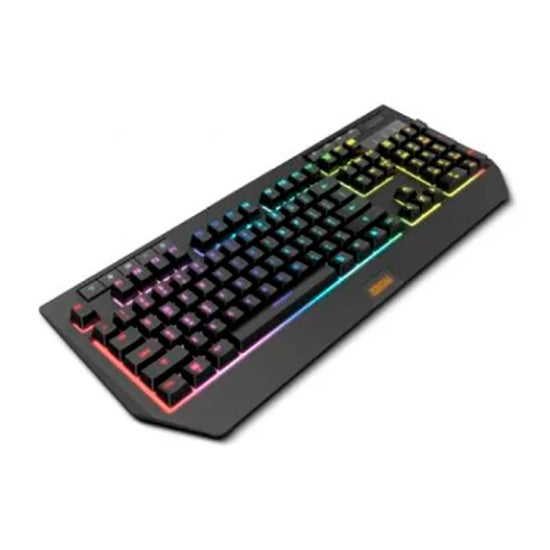 Black Krom gaming keyboard with RGB rainbow backlighting and colorful accents.
