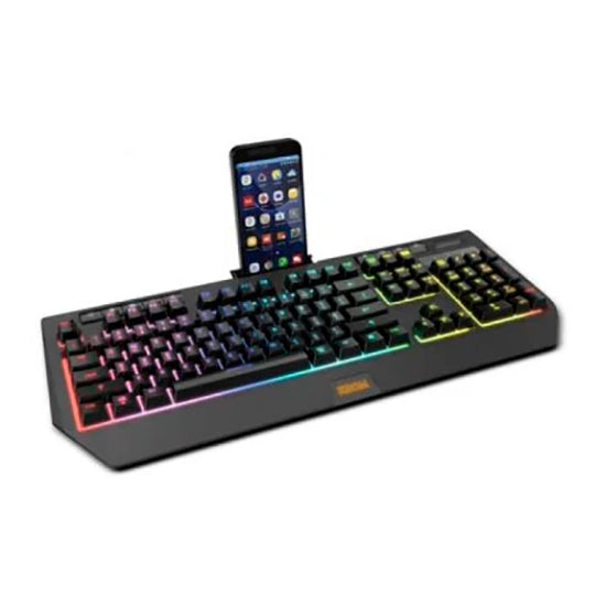 Black Krom gaming keyboard with RGB rainbow backlight and smartphone on stand.